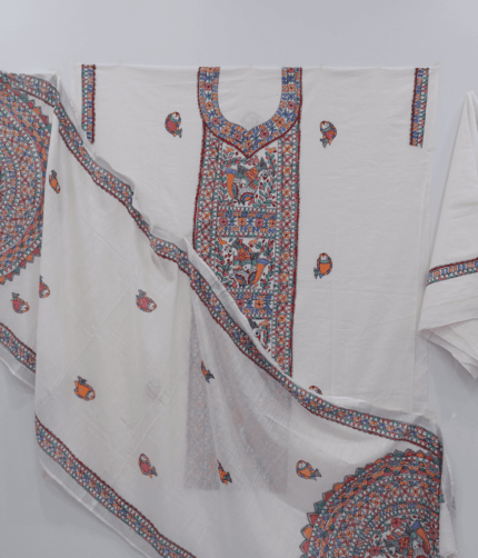 Hand-Painted Mithila Art Cotton Suit Set – White Slub Cotton | 3-Piece Set (Top, Bottom, Dupatta) | Ethnic Elegance – VKV Retail