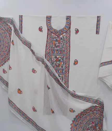 Hand-Painted Mithila Art Cotton Suit Set – White Slub Cotton | 3-Piece Set (Top, Bottom, Dupatta) | Ethnic Elegance – VKV Retail