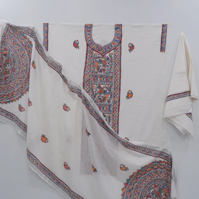 Hand-Painted Mithila Art Cotton Suit Set – White Slub Cotton | 3-Piece Set (Top, Bottom, Dupatta) | Ethnic Elegance – VKV Retail