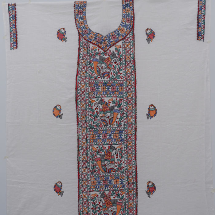 Hand-Painted Mithila Art Cotton Suit Set – White Slub Cotton | 3-Piece Set (Top, Bottom, Dupatta) | Ethnic Elegance – VKV Retail