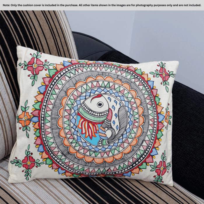 Circular Fish Mandala Madhubani Cushion Cover – Hand-Painted Cotton Art (16x18 inch)