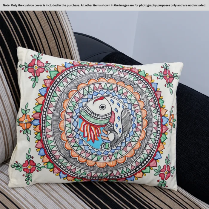 Circular Fish Mandala Madhubani Cushion Cover – Hand-Painted Cotton Art (16x18 inch)