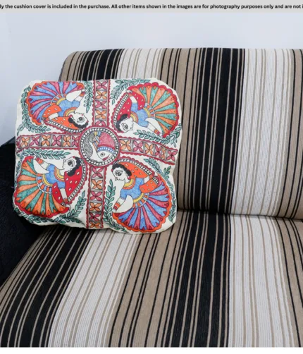 Madhubani Hand-Painted Cushion Cover – Bombay Dyeing Cotton with Lining (16x18 inch)