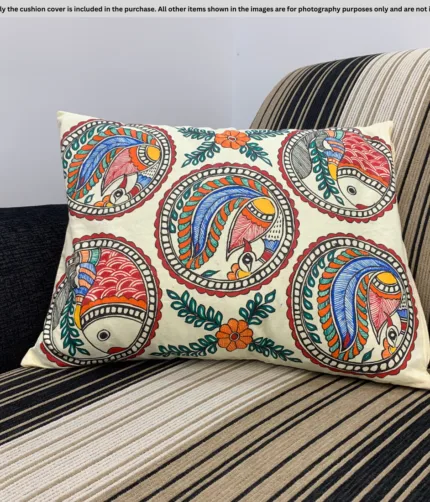 Madhubani Fish Motif Cushion Cover – Hand-Painted on Bombay Dyeing Cotton (16x18 inch)