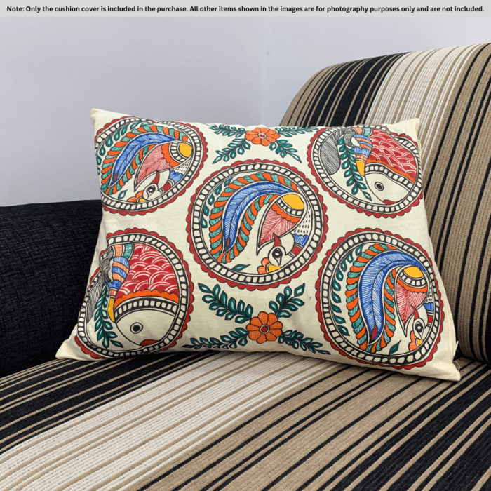Madhubani Fish Motif Cushion Cover – Hand-Painted on Bombay Dyeing Cotton (16x18 inch)