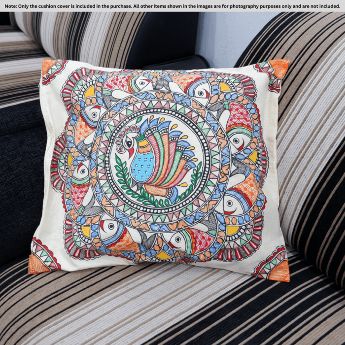 Peacock & Fish Harmony Madhubani Cushion Cover – Hand-Painted Cotton Art (16x18 inch)
