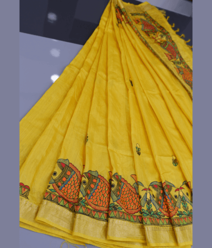 Handcrafted Madhubani Painting Muga Silk Saree – A Masterpiece of Mithila Art & Assam's Golden Silk
