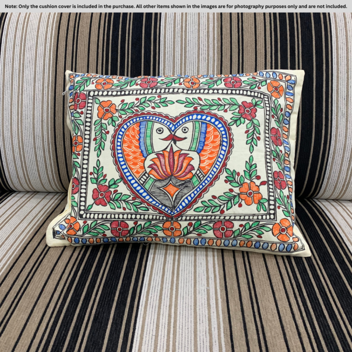 Heart-Shaped Fish Madhubani Cushion Cover – Hand-Painted on Premium Cotton (16x18 inch)