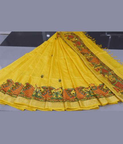 Handcrafted Madhubani Painting Muga Silk Saree – A Masterpiece of Mithila Art & Assam's Golden Silk
