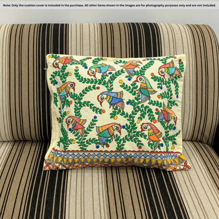 Colorful Parrot Tree Madhubani Cushion Cover – Hand-Painted Cotton with Lining (16x18 inch)