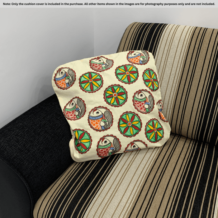 Fish & Mandala Madhubani Cushion Cover – Handcrafted Cotton with Lining (16x18 inch)