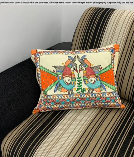 Twin Fish Madhubani Cushion Cover – Hand-Painted Cotton Art (16x18 inch)