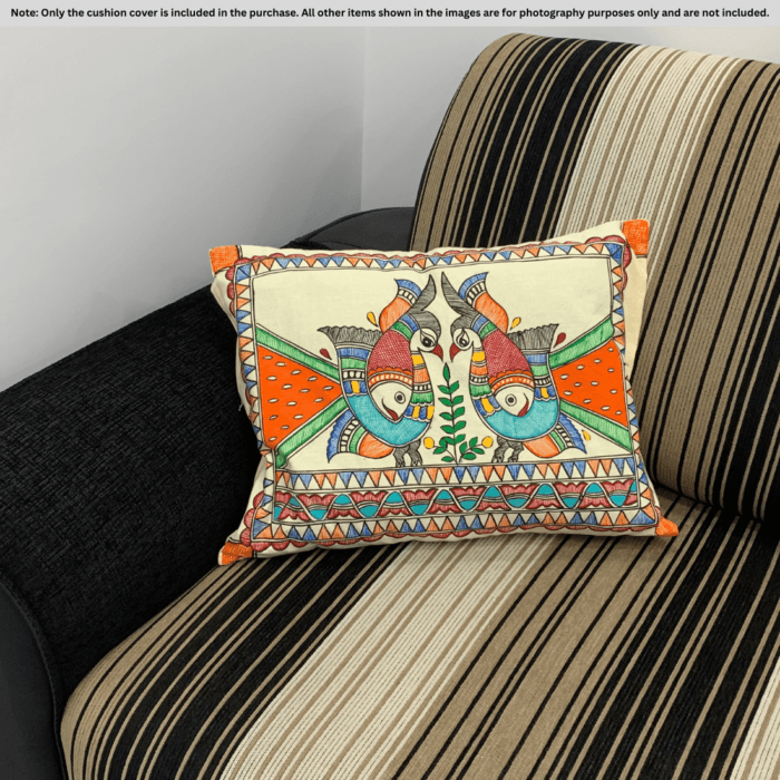 Twin Fish Madhubani Cushion Cover – Hand-Painted Cotton Art (16x18 inch)