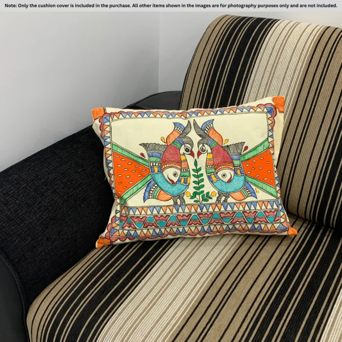 Twin Fish Madhubani Cushion Cover – Hand-Painted Cotton Art (16x18 inch)