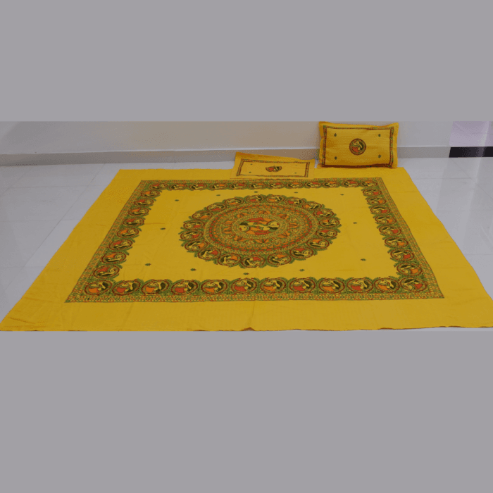 Mithilangan Hand-Painted Madhubani Cotton Bedsheet – Double Size | Traditional Mithila Folk Art