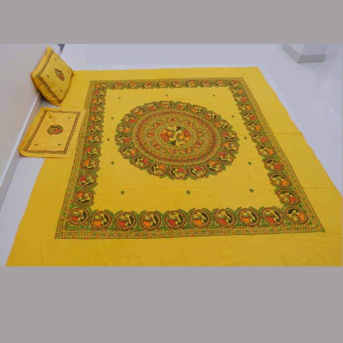 Mithilangan Hand-Painted Madhubani Cotton Bedsheet – Double Size | Traditional Mithila Folk Art